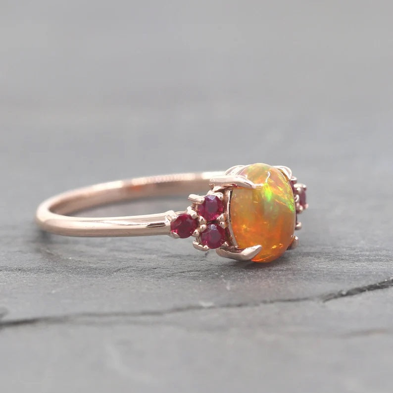 14K OVAL OPAL RUBY CLUSTER RING