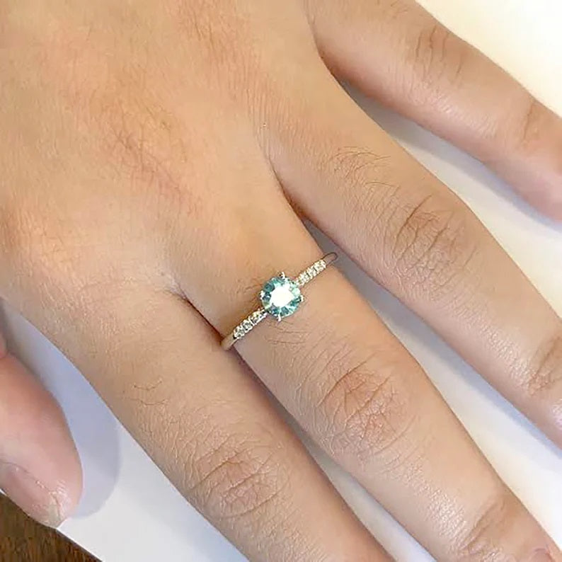 14K ROUND BLUE ZIRCON DIAMOND RING