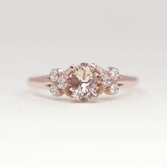 14K OVAL MORGANITE DIAMOND BEZEL CLUSTER RING