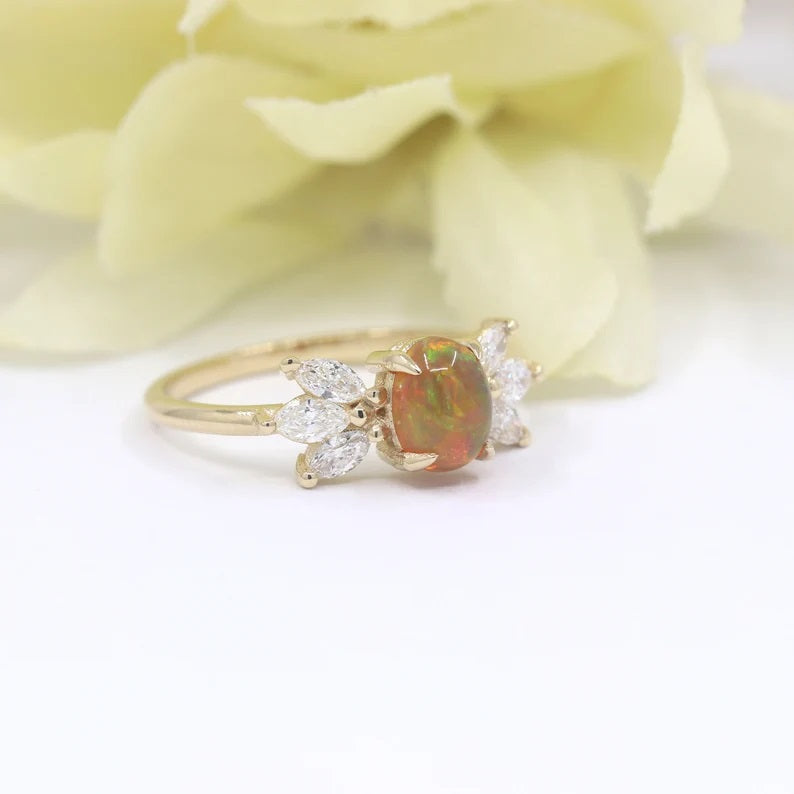 14K OVAL OPAL MARQUISE DIAMOND RING