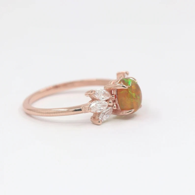 14K OVAL OPAL MARQUISE DIAMOND RING