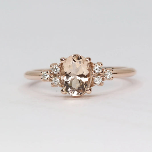 14K OVAL MORGANITE ENGAGEMENT RING. DIAMOND WEDDING RING