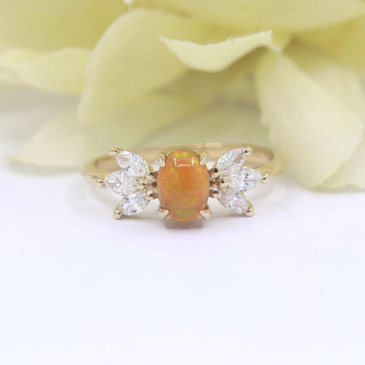 14K OVAL OPAL MARQUISE DIAMOND RING