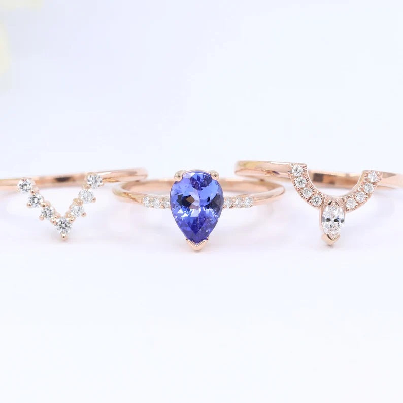 14K PEAR TANZANITE RING DIAMOND V BAND 3 RING SET