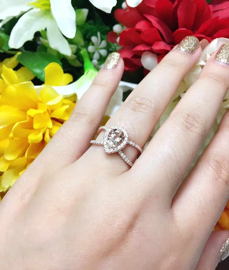 14K PEAR MORGANITE DIAMOND HALO DOUBLE BAND RING