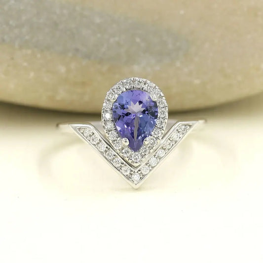 14K PEAR TANZANITE DIAMOND HALO V RING