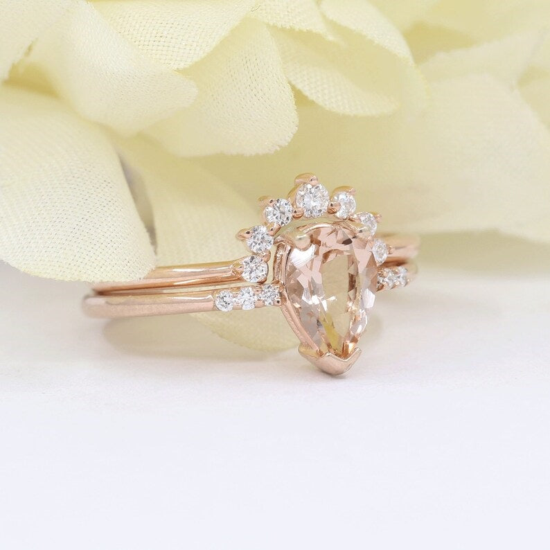 14K PEAR MORGANITE RING DIAMOND CROWN BAND 2 RING SET