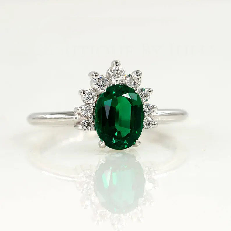 14K LAB EMERALD DIAMOND CROWN RING