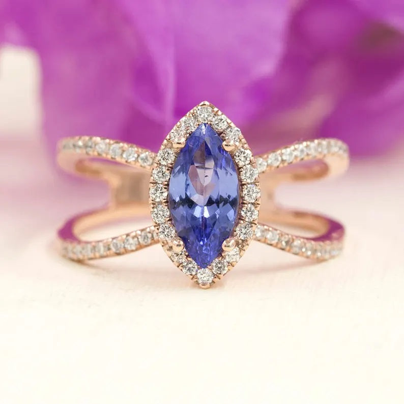 14K MARQUISE TANZANITE DIAMOND HALO DOUBLE BAND RING