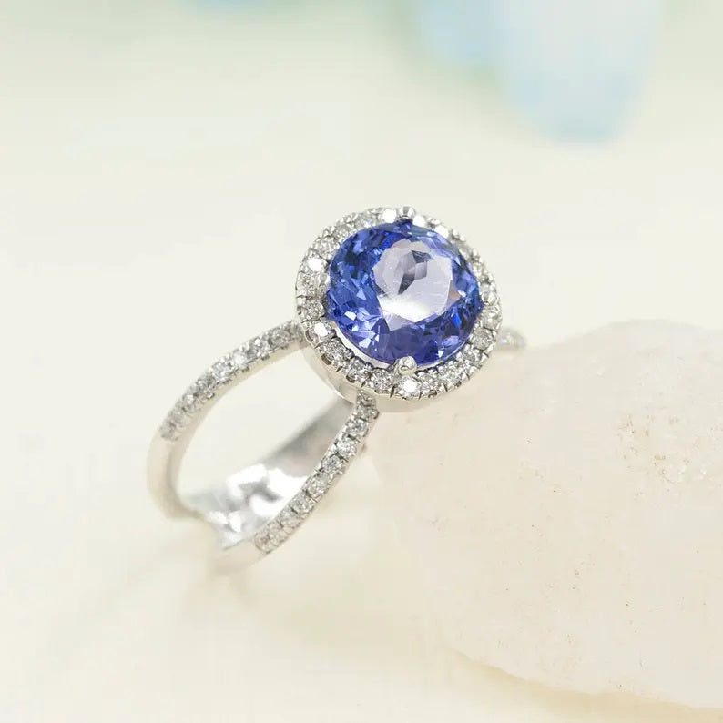 14K TANZANITE DIAMOND HALO DOUBLE BAND RING