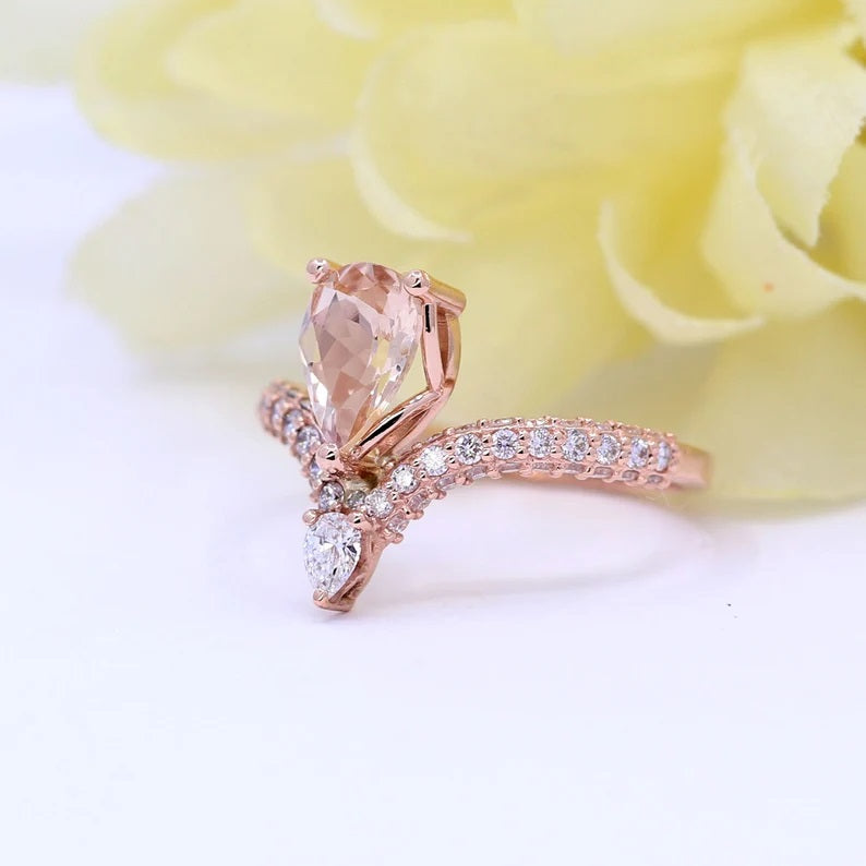 14K PEAR MORGANITE DIAMOND CHEVRON RING