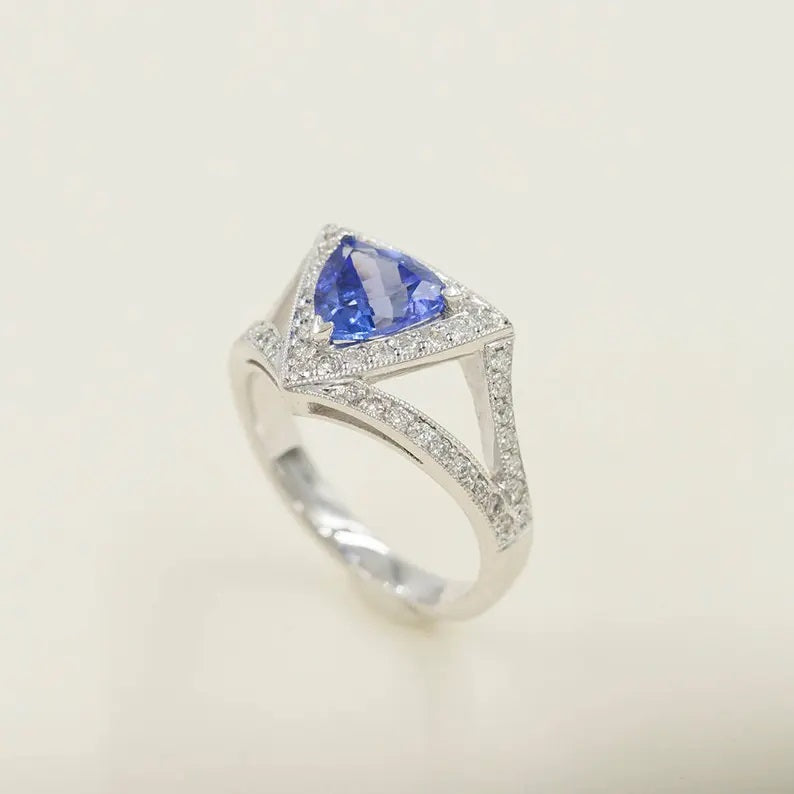 14K TRILLION TANZANITE DIAMOND HALO RING