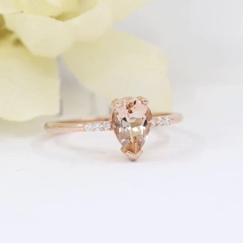 14K PEAR MORGANITE DIAMOND SOLITAIRE RING