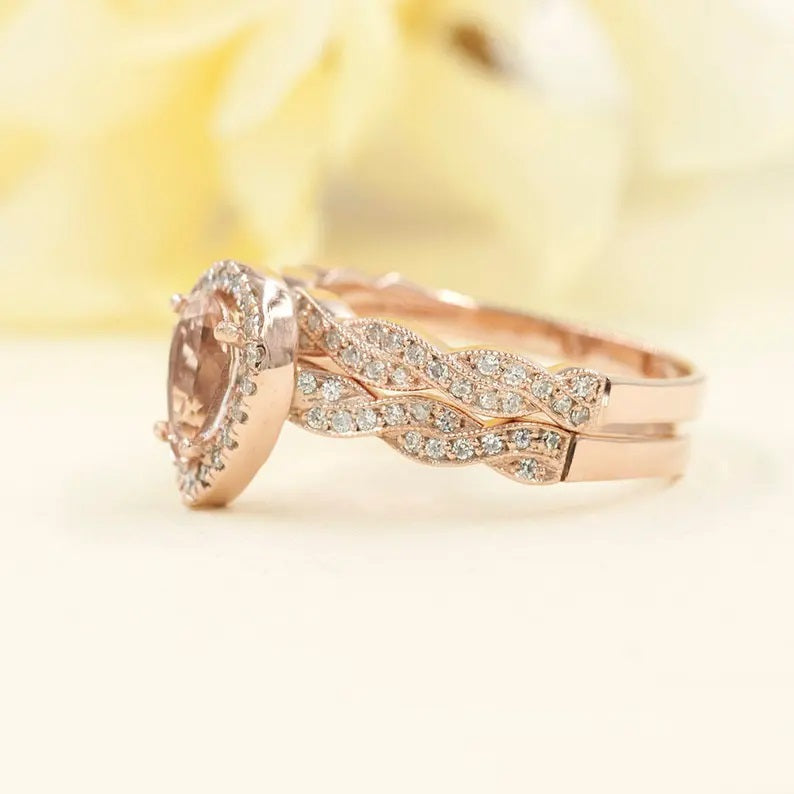 14K PEAR MORGANITE DIAMOND HALO RING TWIST BAND 2 RING SET