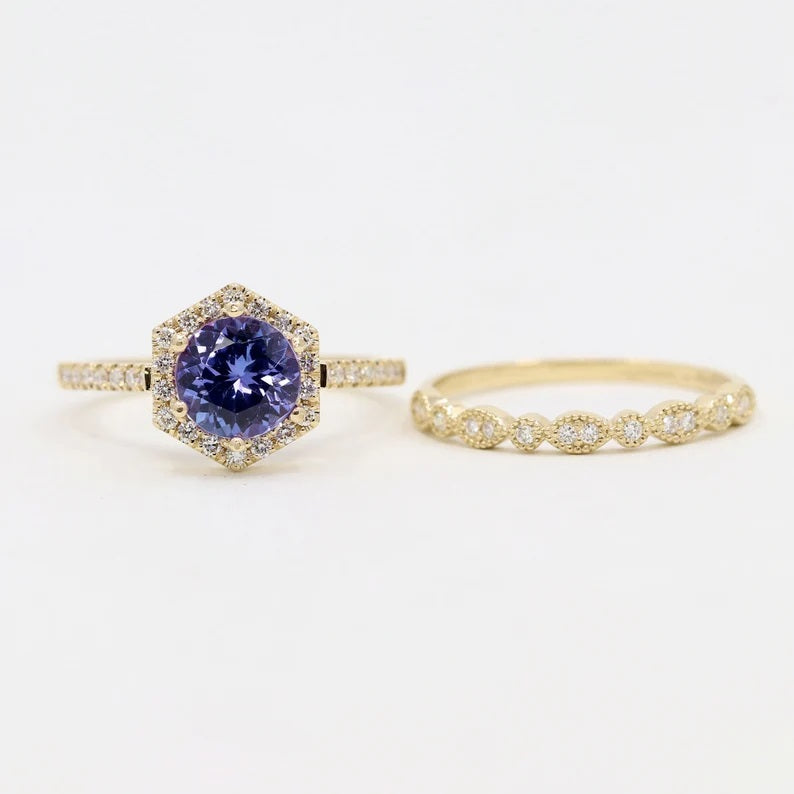 14K TANZANITE DIAMOND HALO HEXAGON RING ART DECO BAND 2 RING SET