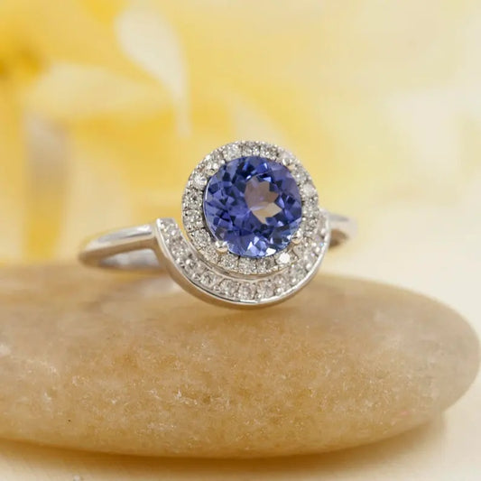 14K TANZANITE DIAMOND HALO MOON RING