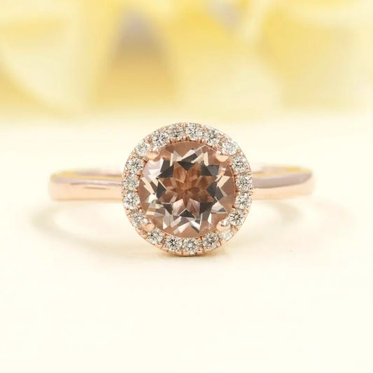 14K MORGANITE DIAMOND HALO SOLITAIRE RING