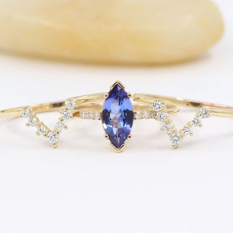 14K MARQUISE TANZANITE RING DIAMOND V BAND 3 RING SET