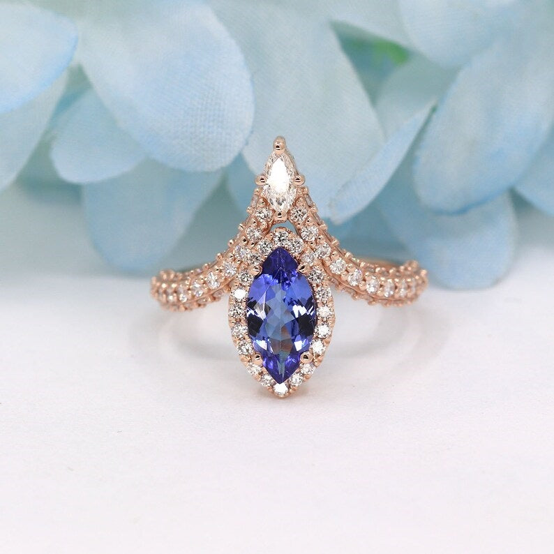 14K MARQUISE TANZANITE DIAMOND HALO CHEVRON RING