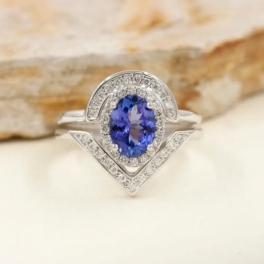 14K OVAL TANZANITE DIAMOND HALO RING DIAMOND V BAND 2 RING SET