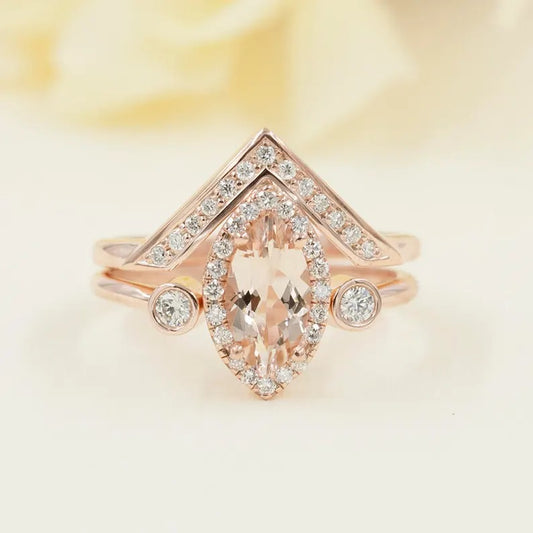 14K MARQUISE MORGANITE DIAMOND V RING OPEN BAND 2 RING SET