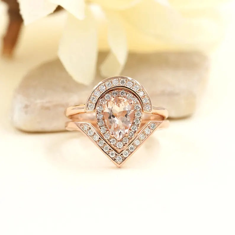 14K PEAR MORGANITE DIAMOND HALO V RING U BAND 2 RING SET