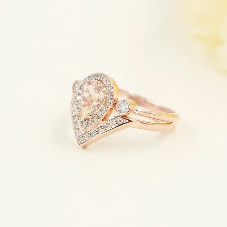 14K PEAR MORGANITE DIAMOND HALO V RING OPEN BAND 2 RING SET