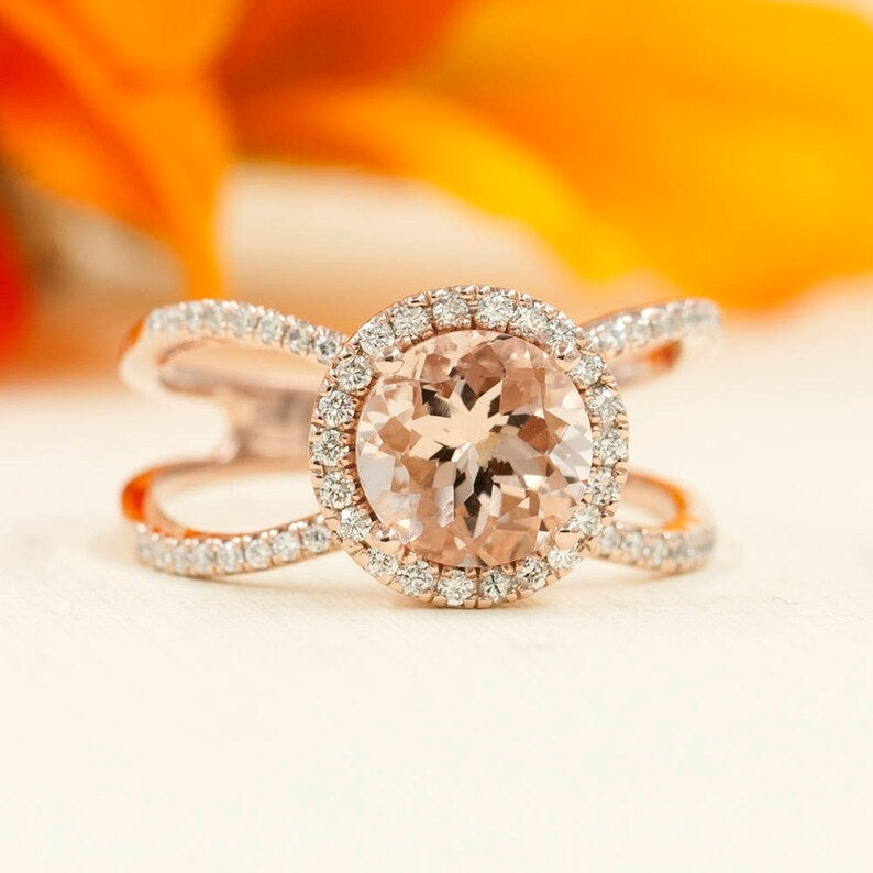 14K MORGANITE DIAMOND HALO DOUBLE BAND RING