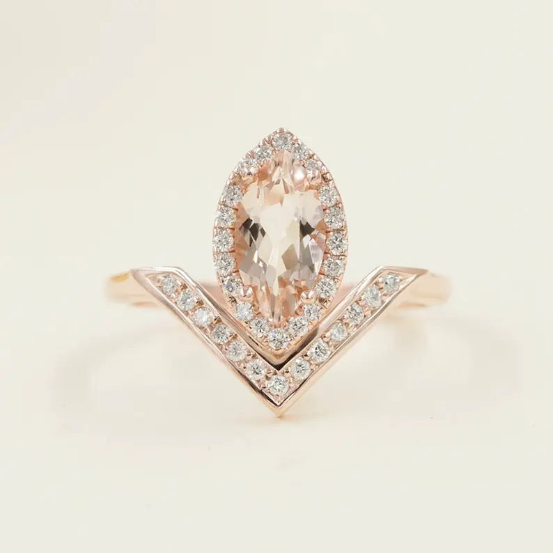 14K MARQUISE MORGANITE DIAMOND HALO V RING