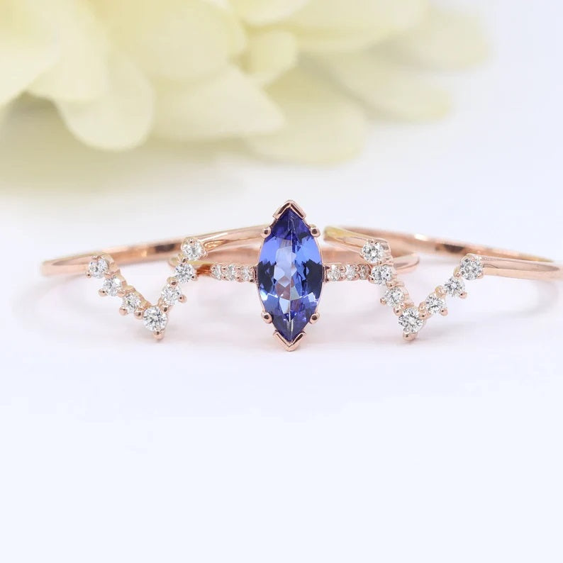 14K MARQUISE TANZANITE RING DIAMOND V BAND 3 RING SET