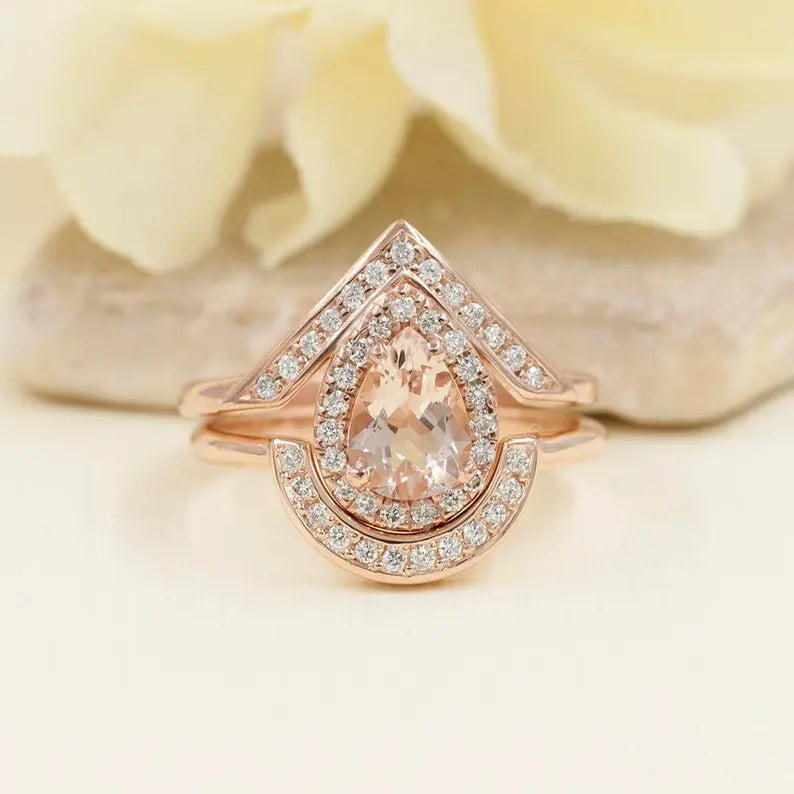 14K PEAR MORGANITE DIAMOND HALO V RING U BAND 2 RING SET