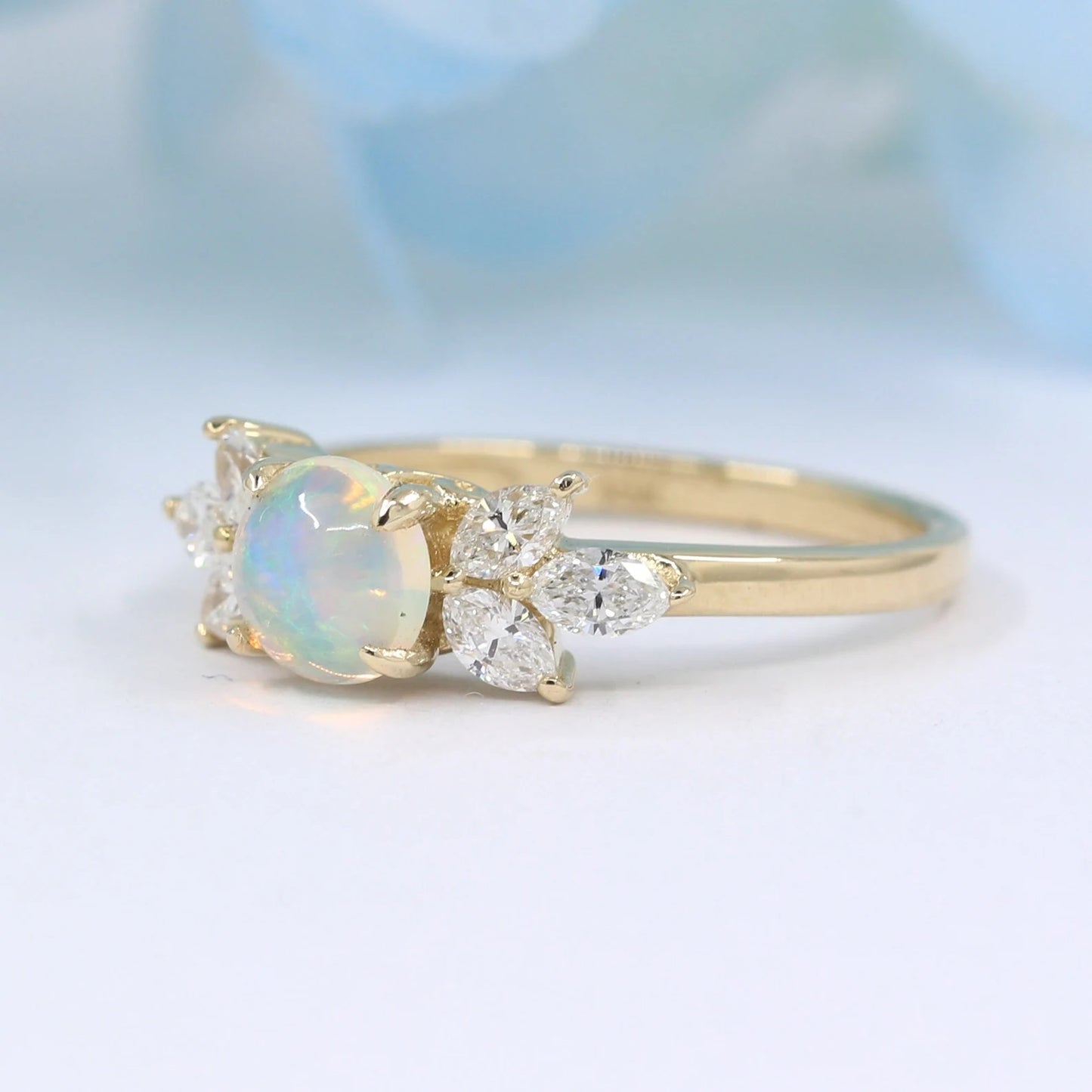 14K OPAL MARQUISE DIAMOND CLUSTER RING