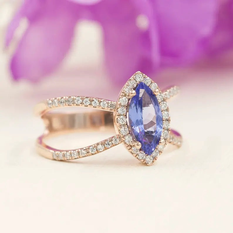 14K MARQUISE TANZANITE DIAMOND HALO DOUBLE BAND RING