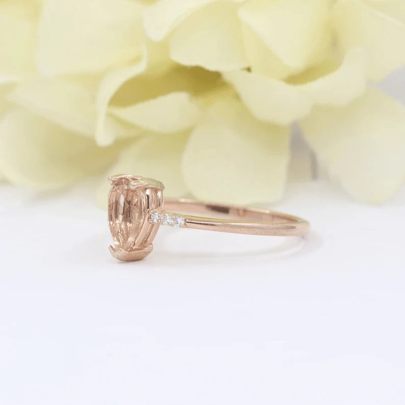 14K PEAR MORGANITE DIAMOND SOLITAIRE RING