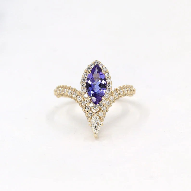 14K MARQUISE TANZANITE DIAMOND HALO CHEVRON RING