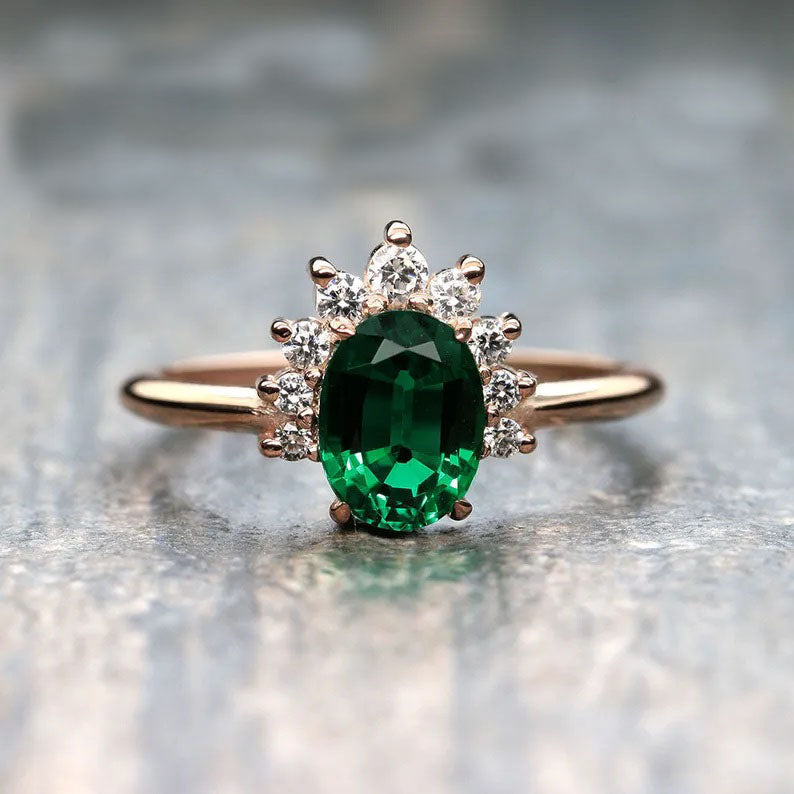 14K LAB EMERALD DIAMOND CROWN RING