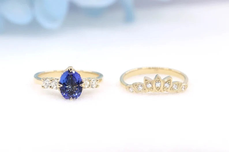 14K OVAL TANZANITE RING MARQUISE CROWN BAND 2 RING SET