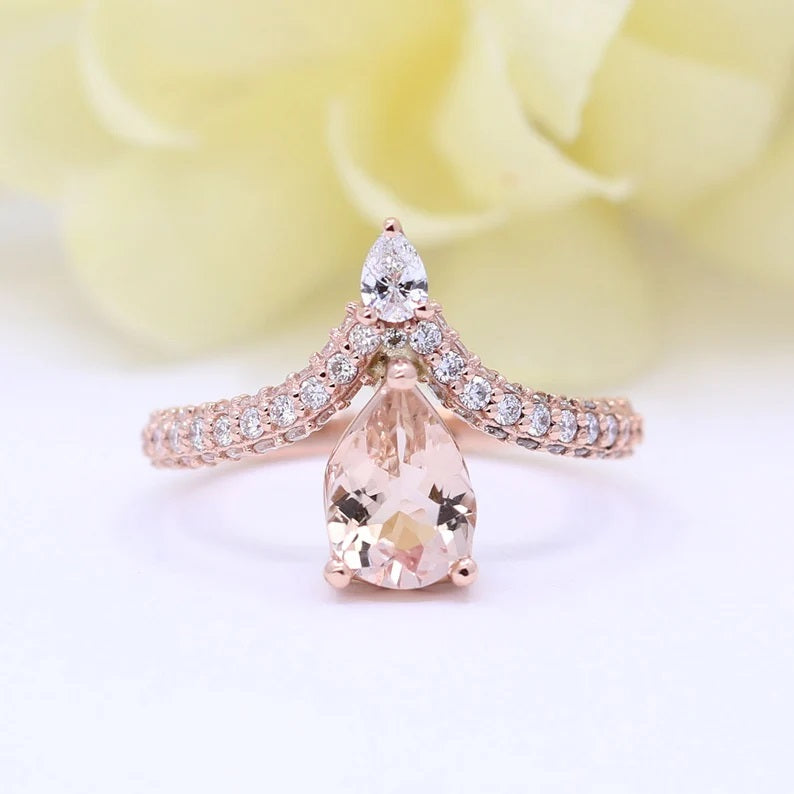 14K PEAR MORGANITE DIAMOND CHEVRON RING