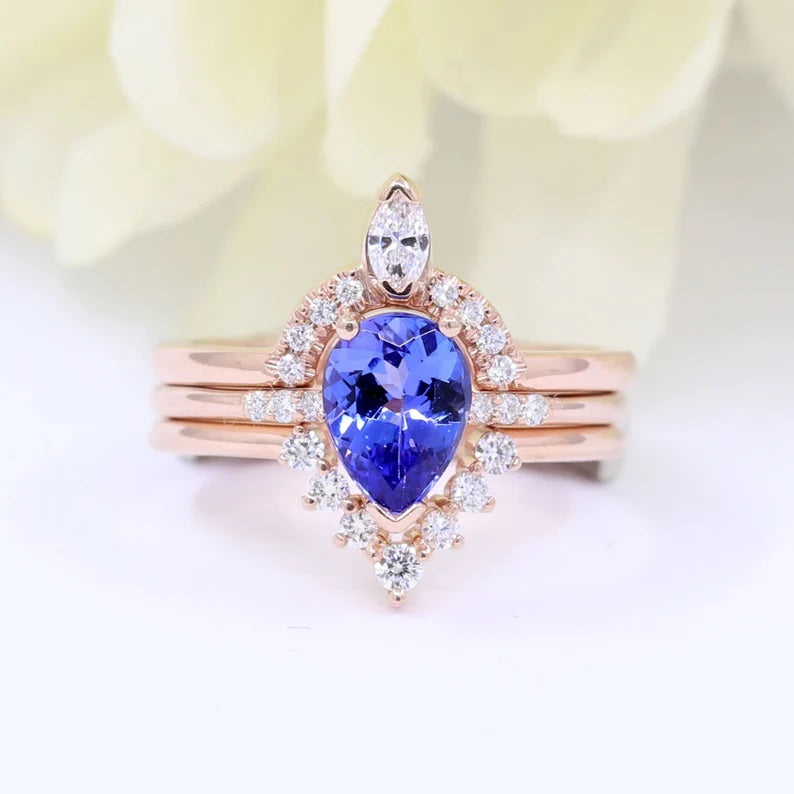 14K PEAR TANZANITE RING DIAMOND V BAND 3 RING SET