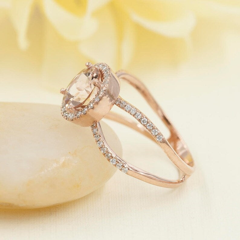 14K MORGANITE DIAMOND HALO DOUBLE BAND RING