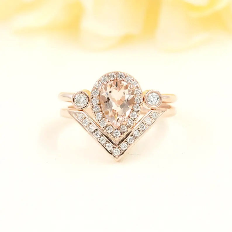 14K PEAR MORGANITE DIAMOND HALO V RING OPEN BAND 2 RING SET