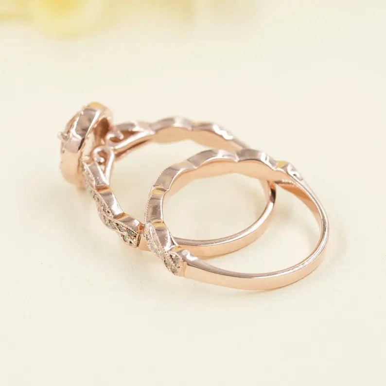 14K PEAR MORGANITE DIAMOND HALO RING TWIST BAND 2 RING SET