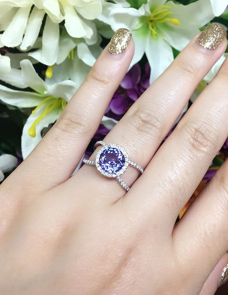 14K TANZANITE DIAMOND HALO DOUBLE BAND RING