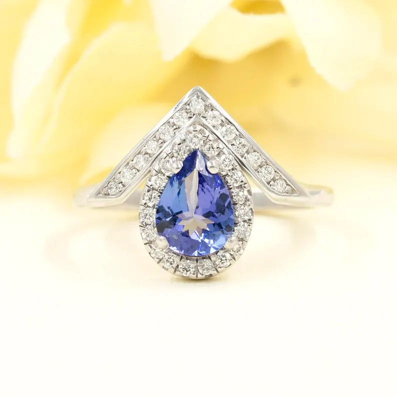 14K PEAR TANZANITE DIAMOND HALO V RING