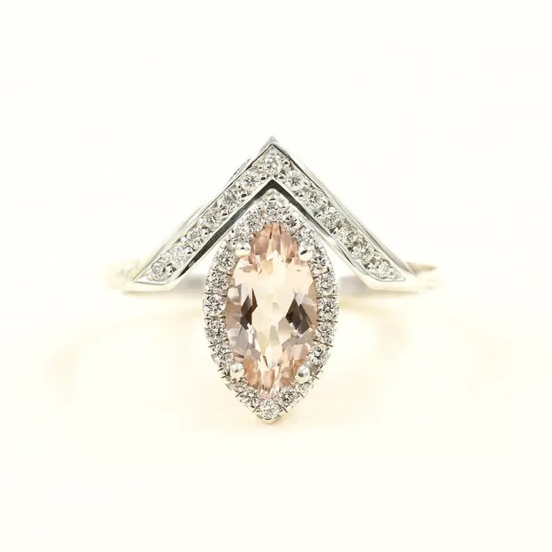 14K MARQUISE MORGANITE DIAMOND HALO V RING