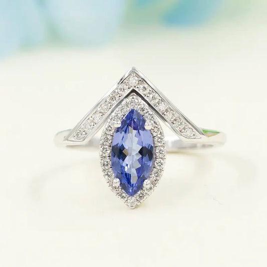 14K MARQUISE TANZANITE DIAMOND HALO V RING