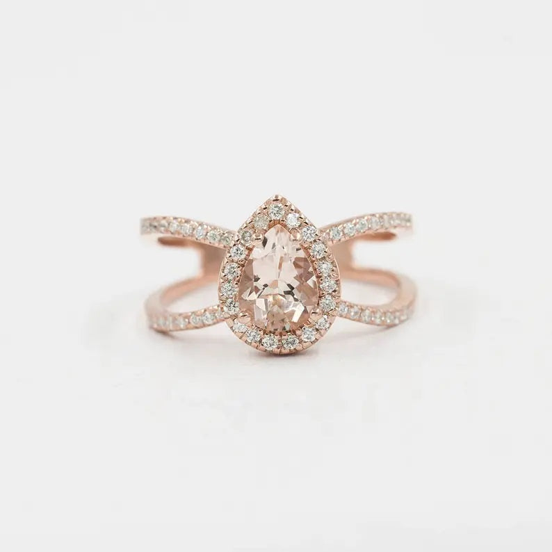 14K PEAR MORGANITE DIAMOND HALO DOUBLE BAND RING