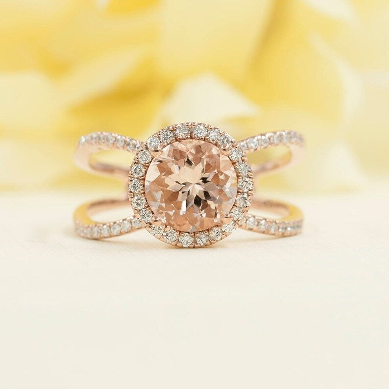 14K MORGANITE DIAMOND HALO DOUBLE BAND RING