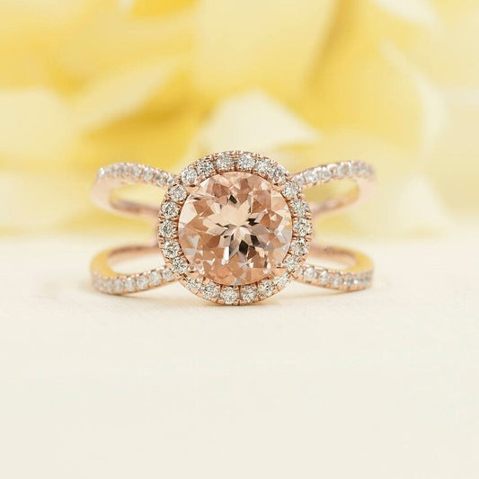 14K MORGANITE DIAMOND HALO DOUBLE BAND RING