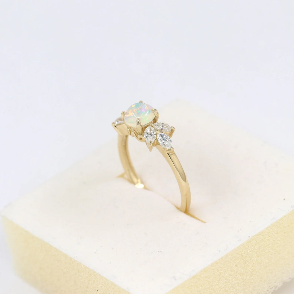 14K OPAL MARQUISE DIAMOND CLUSTER RING